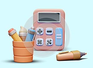 Huge calculator, pencil cup, marker. 3D illustration in cartoon style