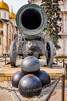 Huge canon, Tsar Pushka, with stack of cannonballs in front, Kremlin, Moscow
