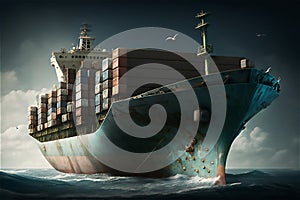 huge Cargo ship with containers in the ocean transportation, shipping freight transportation generative ai