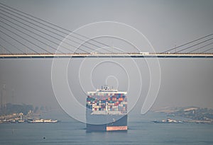 Huge cargo ships under Al Salam Bridge navigate by Suez Canal. Concept of transportation and logistics