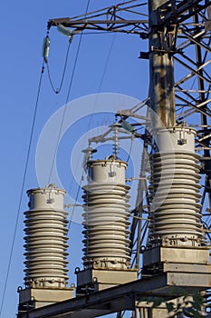 Huge ceramic insulators on high-voltage power lines