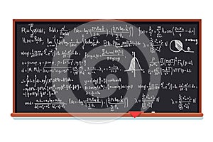 Huge chalkboard filled with mathematic formulas. Integral calculus theory proof photo