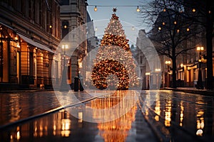 Huge christmas tree in the market square of a modern city. Christmas market.