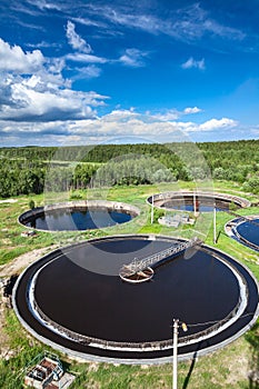 Huge circular settlers of sewage treatment plant