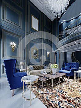 Huge classic interior of the seating area with dark blue walls with cobalt armchairs and a yellow sofa