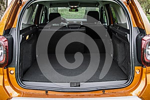 Huge, clean and empty car trunk of a modern compact suv.