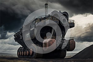 Huge coal mining machine under cloudy sky, mine industry
