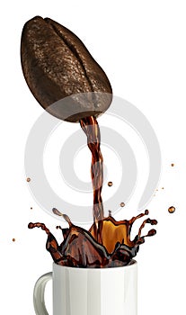 Huge coffee bean with hole pouring coffee into a mug splashing.