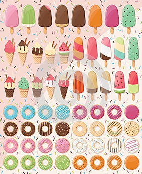 Huge collection of 28 ice creams and 32 donuts, delicious and tasty summer treats