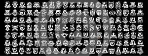 Huge collection of black and white stickers, badges, sports emblems, sports logos. Wild animals, soldiers, cowboys