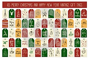 Huge collection Merry Christmas and Happy New Year vintage gift tags cards with calligraphy.