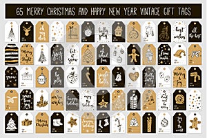 Huge collection Merry Christmas and Happy New Year vintage gift tags cards with calligraphy.