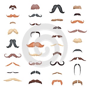 Huge collection mustache retro curly set. different colors and forms hair. Mustaches barber silhouette hairstyle hipster mask