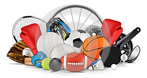 Huge collection stack of sport balls gear equipment from various sports isolated white background