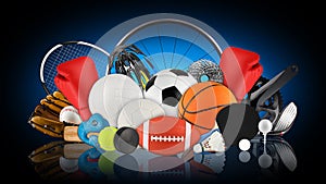 Huge collection stack of sport goods and balls gear bicycle wheel equipment from various team and individual sports dark blue