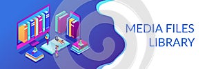 E-library isometric 3D banner header.