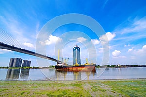 Huge Container Ship entering port of Bangkok