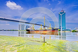 Huge Container Ship entering port of Bangkok