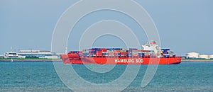 Huge container ship sailing in Vlissingen, Monte cervantes, hamburg sud, Breskens, Zeeland, The netherlands, 20 July, 2020