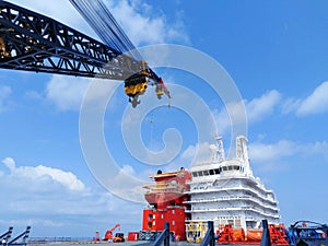 huge crane and superstructure on the ship