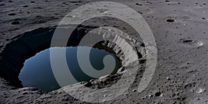 a huge crater on the moon or another planet in the solar system with water inside. Illustration of water in space