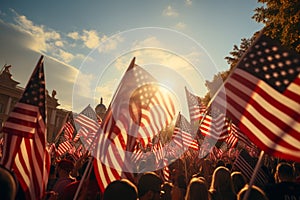 A huge crowd of people marching along a city street with American flags. The Stars and Stripes flutter over people's