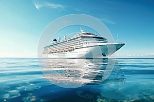 A huge cruise line travels across the sea. Sea travel vacation. Seascape overlooking a cruise liner. Passenger liner on the high