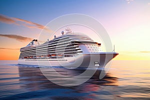 A huge cruise line travels across the sea. Sea travel vacation. Seascape overlooking a cruise liner. Passenger liner on the high