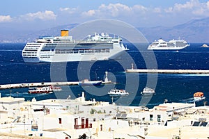 Huge cruise ship at anchor at mykonos island