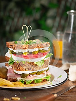 Huge delicious sandwich with different fillings including salami, ham, fermented pickles, lettuce, fresh white cheese, herbs on a