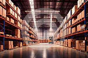 Huge distribution warehouse with high shelves and loaders.
