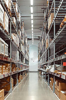 Huge distribution warehouse with high shelves. Warehouse interior