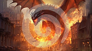 A huge dragon destroyed the city with a fiery flame.