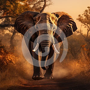 A huge elephant bull approaches in golden light