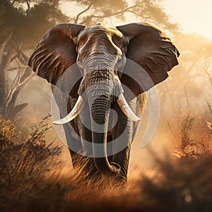 A huge elephant bull approaches in golden light