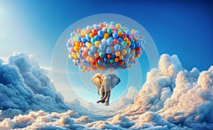 Huge elephant floating or flying hanging from balloons with sky and clouds background. Surreal