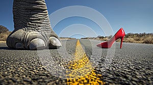 A huge elephant’s foot on the asphalt of the road and next to it a small red woman’s shoe, AI generated