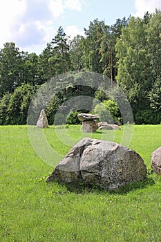 Huge erratic boulders in the megalith park. Big stones lie in the green grass. There are green trees around. Silvarium, a forest p