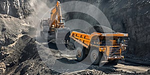 Huge excavator loads coal into the back of a heavy mining dump truck, open pit coal mining