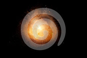 Huge, extremely hot explosion with sparks and hot smoke, against black background