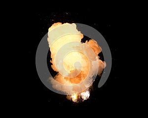 Huge, extremely hot explosion with sparks and hot smoke, against black background