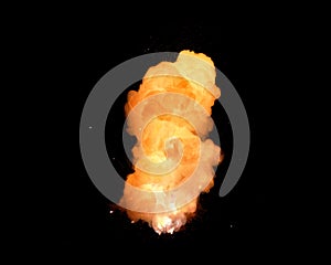 Huge, extremely hot explosion with sparks and hot smoke, against black background