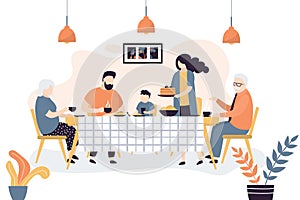 The huge family is sitting at the table. People drink tea together and eat sweets. Family portrait banner