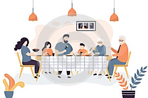 The huge family is sitting at the table. People eat together. Family portrait banner. Grandparents, parents and two children