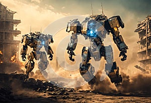 Huge fantastic walking combative robots in a military battle in a destroyed city