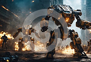 Huge fantastic walking combative robots in a military battle in futuristic city