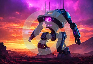 Huge fantastic walking robot on a desert rock planet