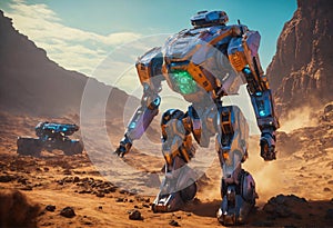Huge fantastic walking robot in expedition on a desert rock planet