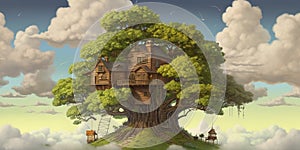 Huge fantasy tree with houses in its crown