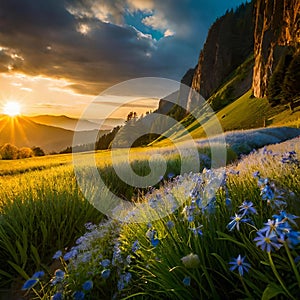 Huge field with green lawn with flowers, trees, mountain flowers and gardens and a sunset